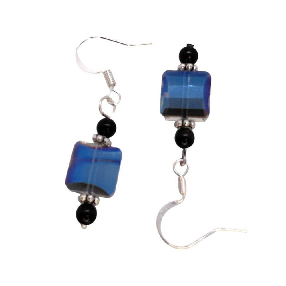 Blue crystal earrings black accent beads 925 silver plated earwires